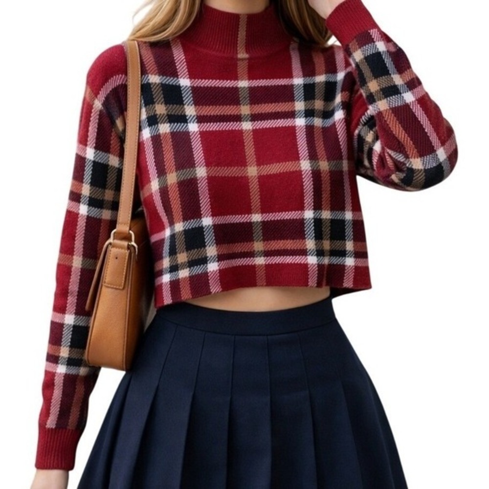 Plaid Cropped Sweater XS Red Preppy Coquette Academia Soft Mock Neck Tahari
